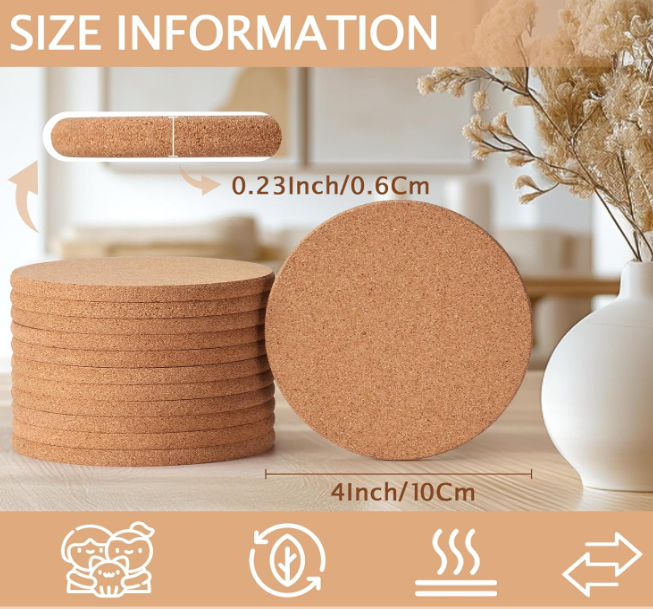 Stack of round 4 inch cork coasters