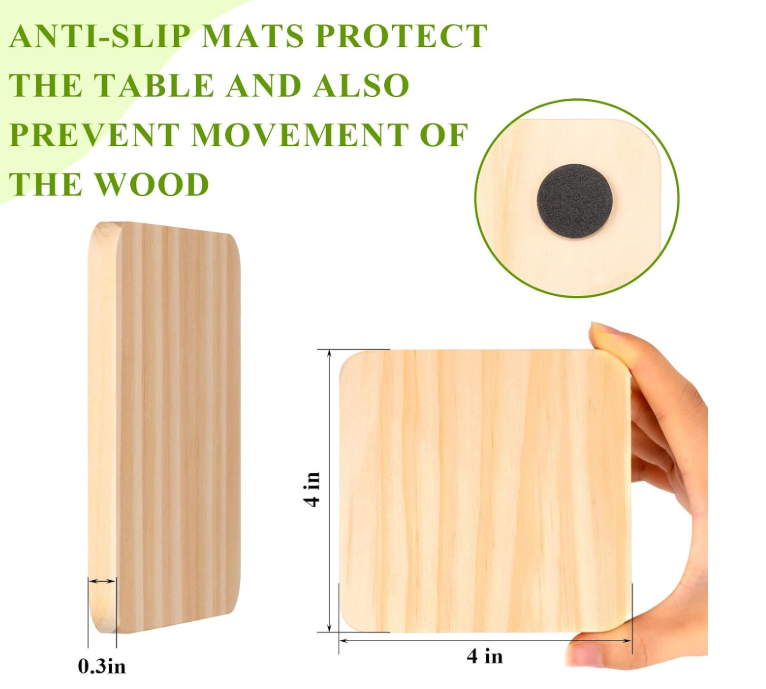Square 4 inch wood coaster with rounded corners and anti-slip pad